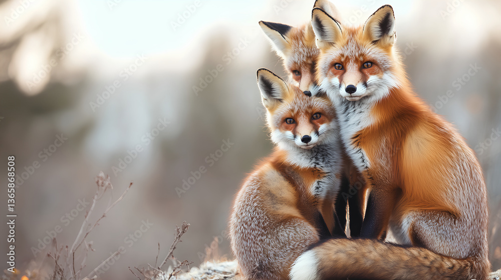 Obraz premium Three foxes sitting together, one of them holding the head of another,