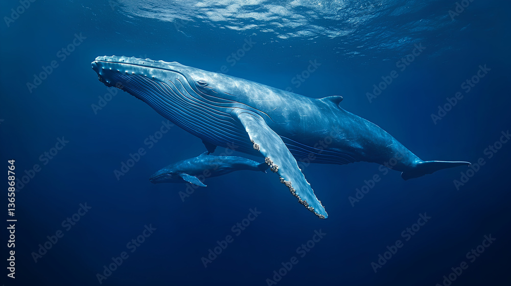Naklejka premium A mother humpback whale and her calf swimming in the deep blue ocean,