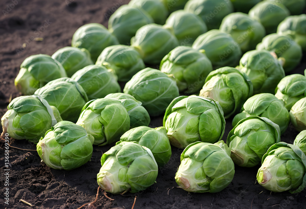 A row of fresh, green Brussels sprouts, still on their stalks. A row of fresh, green Brussels sprouts, still on their stalks.