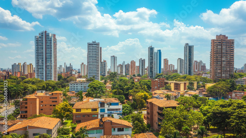 A vibrant urban landscape featuring the northern district of Barranquilla, Colombia, dotted with towering buildings