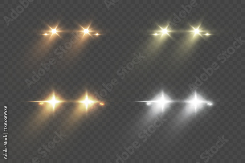 Car head lights shining from darkness background.Vector silhouette of car with headlights on black background. Easy light flash .Vector illustration.