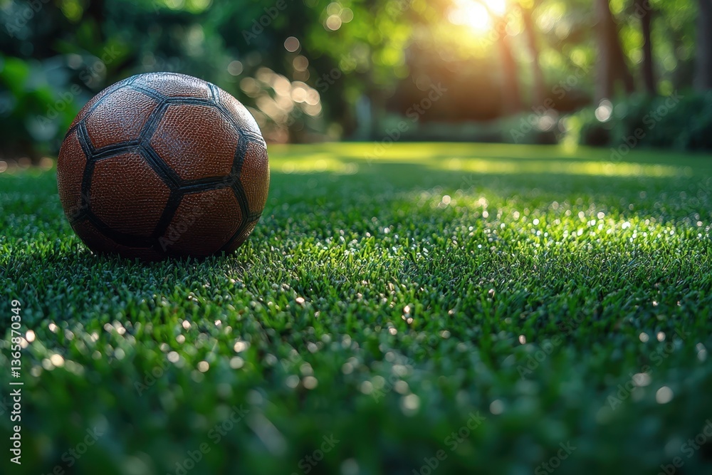 Obraz premium A soccer ball is placed on vibrant green grass, illuminated by golden sunlight filtering through trees