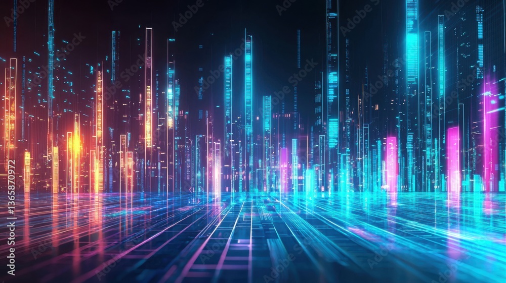 A vibrant, futuristic cityscape with glowing vertical structures, representing a digital landscape filled with colorful lights and advanced technology. A vibrant, futuristic cityscape with glowing vertical structures, representing a digital landscape filled with colorful lights and advanced technology.