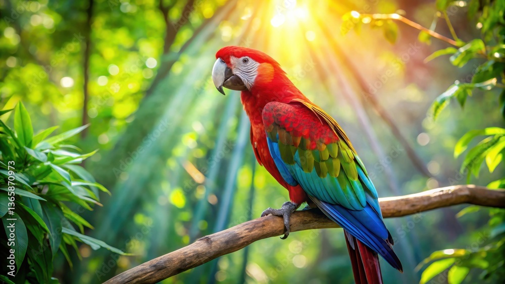 Fototapeta premium Vibrant Scarlet Macaw Perched on a Branch in Lush Tropical Foliage, Bathed in Golden Sunlight