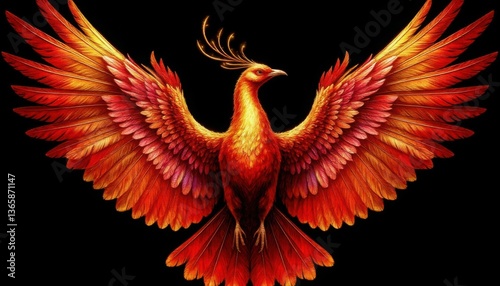 Firebird revealing its golden-red wings on a dark background (mythical art). Generated AI