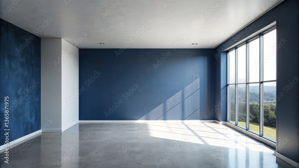 Spacious modern room with blue walls, polished concrete floor, and large window showcasing a sunlit landscape Spacious modern room with blue walls, polished concrete floor, and large window showcasing a sunlit landscape