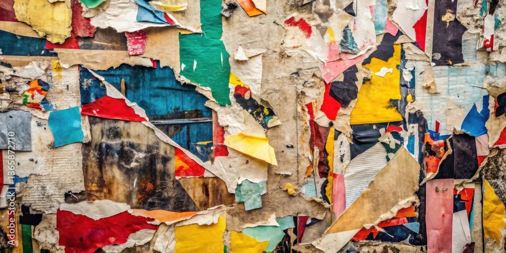 Fototapeta premium Abstract Layered Texture of Torn and Weathered Paper Fragments Featuring Vibrant Hues and Textural Depth