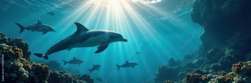 Fototapeta premium Sunlit ocean floor, with playful dolphins and schools of fish , ocean floor, beautiful