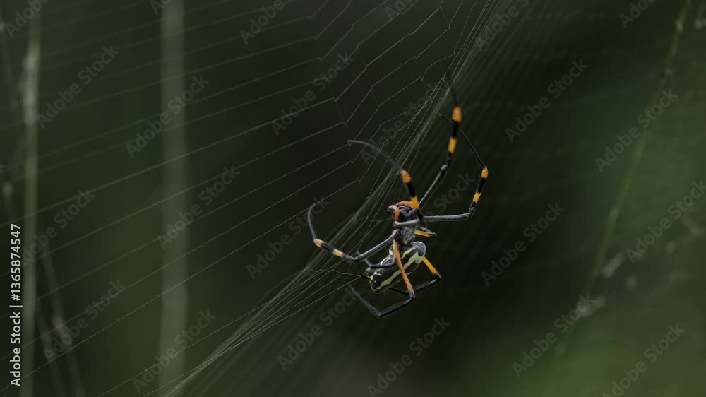 Slow Motion clip of a Red-legged Golden Orb-web Spider or red-legged nephila (Trichonephila inaurata or Nephila inaurata) weaving her web. Greater Kruger National Park. Limpopo Province, South Africa.