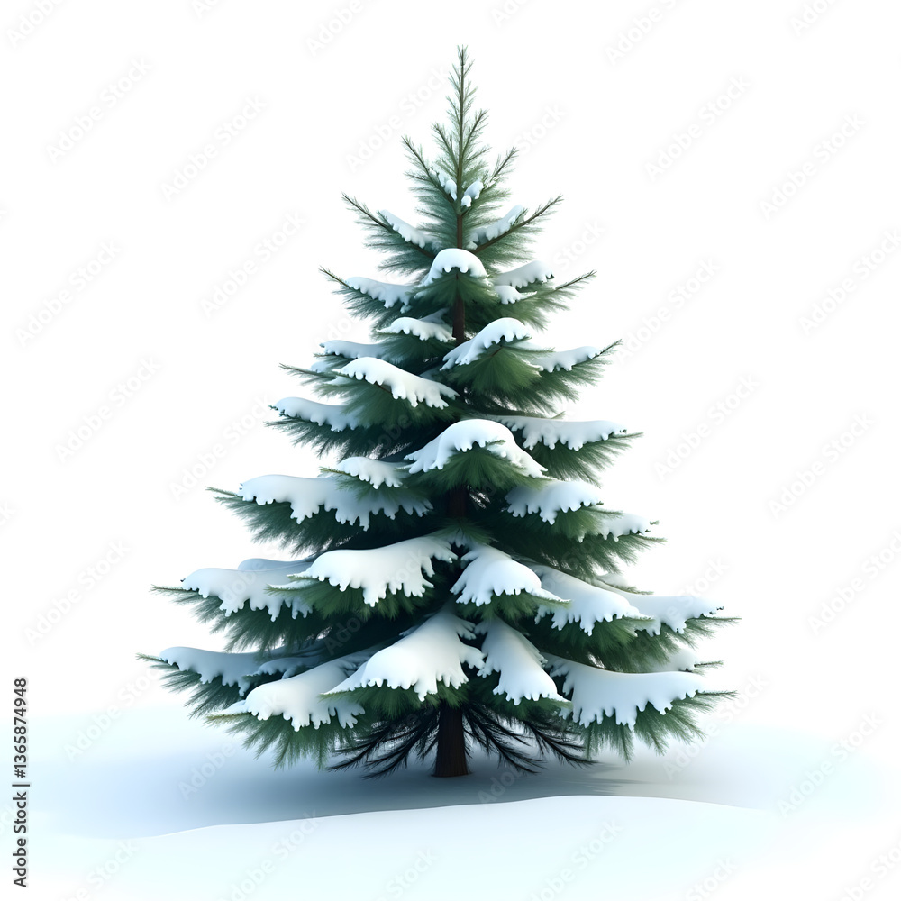 A majestic evergreen tree covered in fresh white snow, symbolizing winter, resilience, and the peaceful beauty of nature, realistic detail on white background. A majestic evergreen tree covered in fresh white snow, symbolizing winter, resilience, and the peaceful beauty of nature, realistic detail on white background.