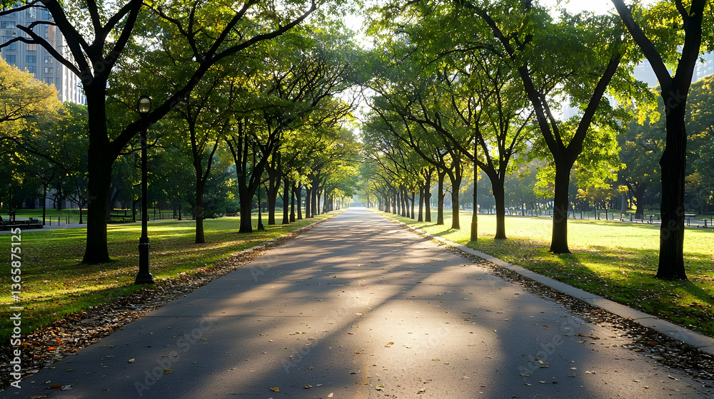 Naklejka premium Sunlit Pathway Through Lush Green Trees with Long Shadows in an Urban Park
