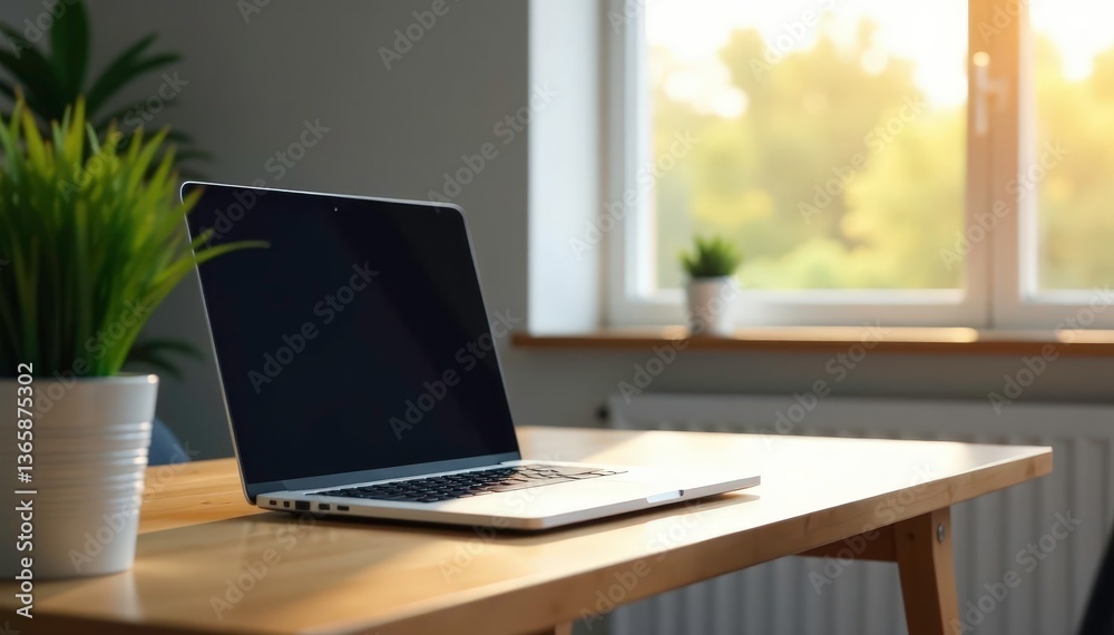 Single laptop on desk, empty room Bright light , internet, white, remote Single laptop on desk, empty room Bright light , internet, white, remote