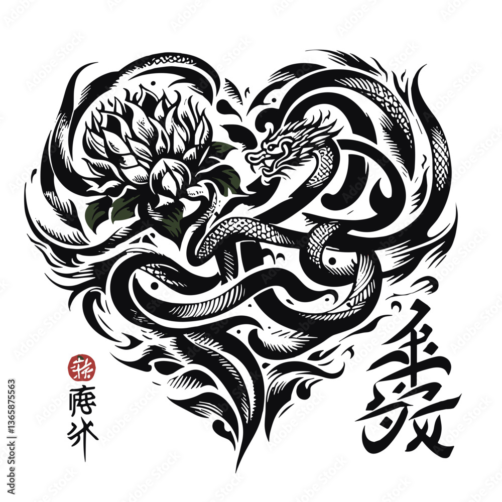 Fototapeta premium Stylized heart design featuring a dragon intertwined with a lotus flower in a bold black and white aesthetic
