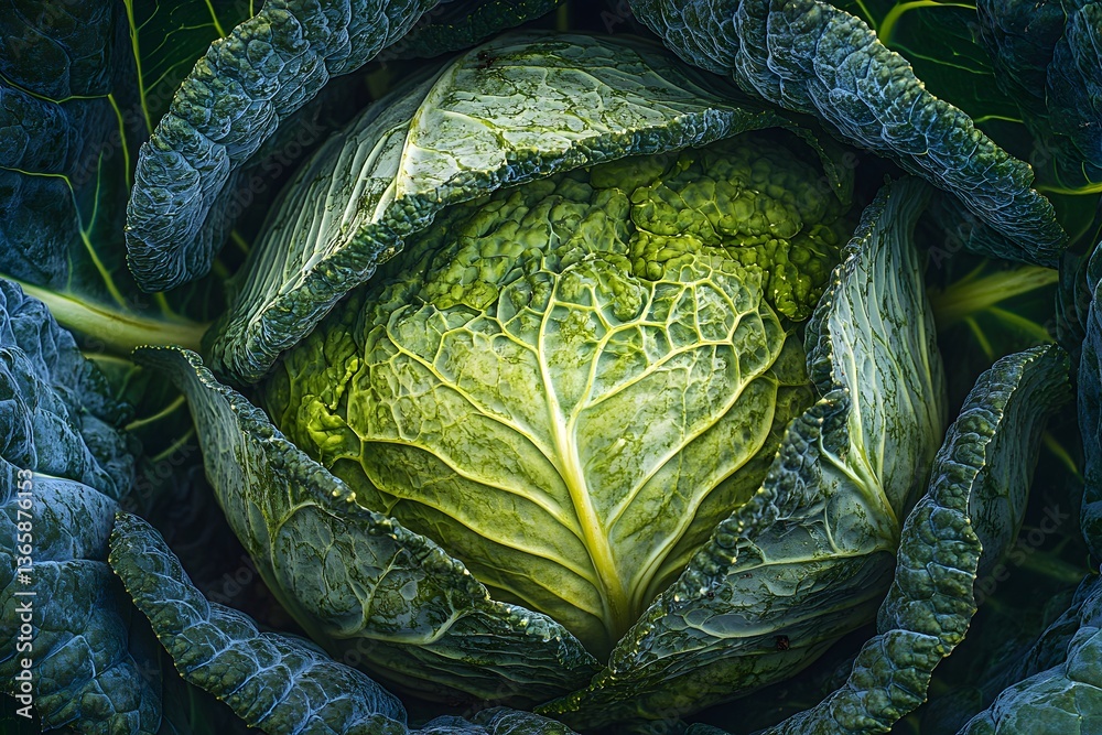 Obraz premium Closeup Green Savoy Cabbage Vegetable Farm Fresh