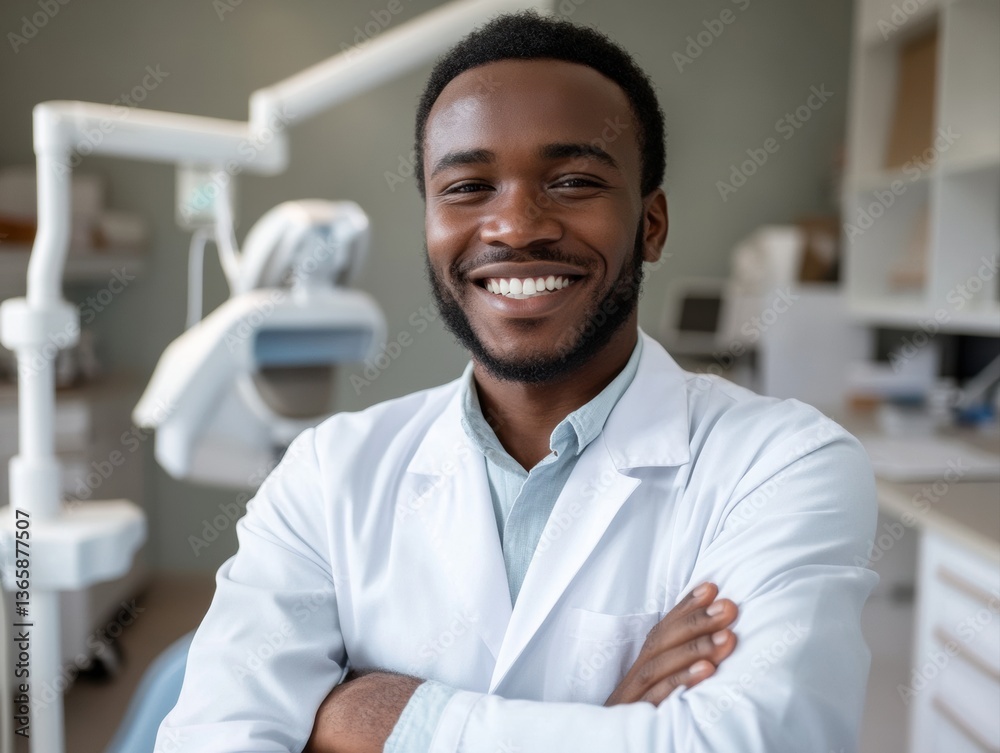 Fototapeta premium Smiling Afro man in a white coat showcases dental professionalism in a clinic setting, radiating warmth and trust