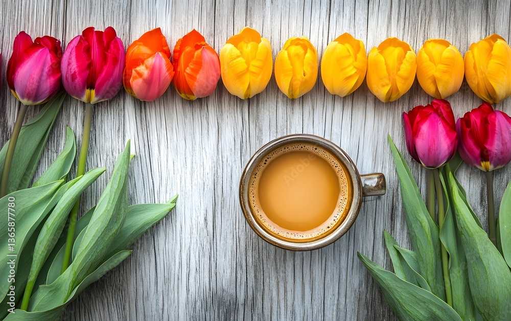 Fototapeta premium Vibrant Tulips and Coffee on Rustic Wood
