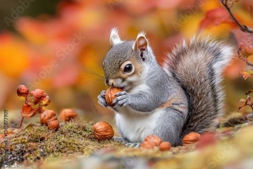 Western Grey Squirrel Out in Autumn Gathering Nuts in Washington State, USA photo