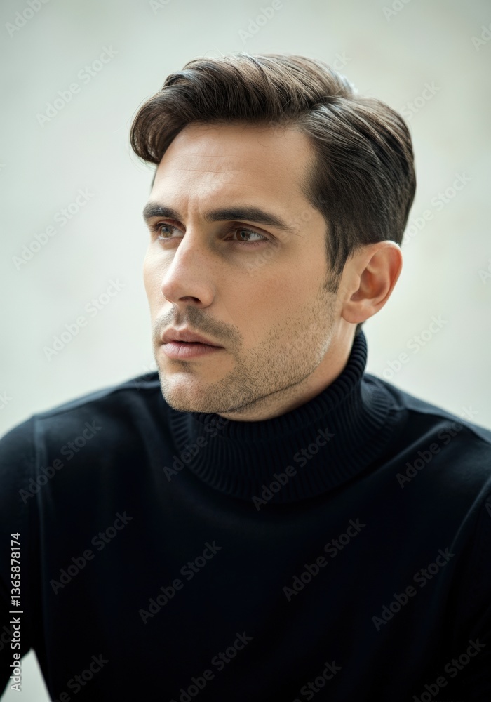 Fototapeta premium Stylish man with a serious expression wearing a black turtleneck sweater