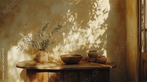 Wallpaper Mural Olive branch vase, terracotta bowl, sunlit rustic table Torontodigital.ca