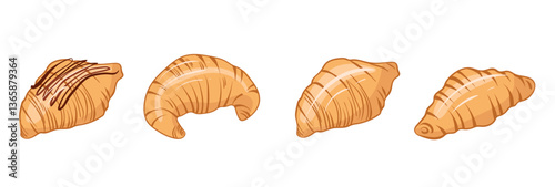 French croissant in flat style. Fresh pastry, for menu, cafe, bakery, logo, packaging. Vector set of sweet food. Tasty dessert for breakfast.