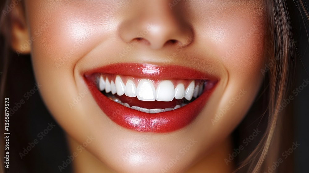 Woman smiling showing white teeth and red lipstick Woman smiling showing white teeth and red lipstick