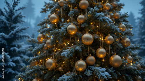 Tall Christmas tree lit from within with shining gold ornaments hanging down, evergreen, winter, gold
