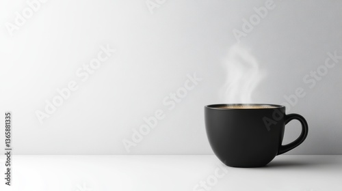 Minimalistic black coffee cup with steam rising, isolated on a clean white background, high-quality photo