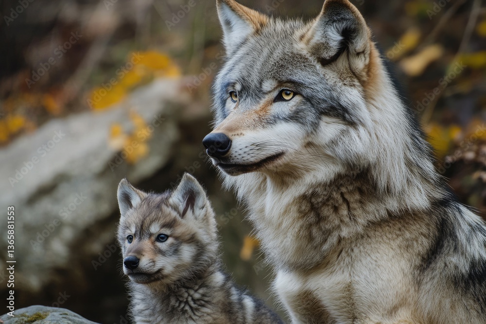 Wolf Mom and Pup. In the Wild: Grey-Furred Wolf and Her Cub in Natural Habitat Wolf Mom and Pup. In the Wild: Grey-Furred Wolf and Her Cub in Natural Habitat