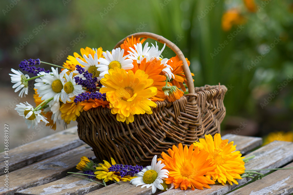 Beautiful fresh summer flowers in wicker basket on table