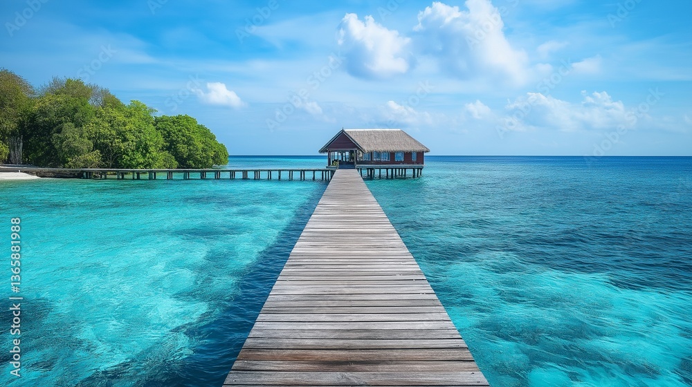 A tropical oasis with a wooden walkway leading to a private retreat overlooking the turquoise sea. A tropical oasis with a wooden walkway leading to a private retreat overlooking the turquoise sea.