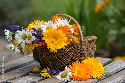 Obraz na płótnie Beautiful fresh summer flowers in wicker basket on table w salonie