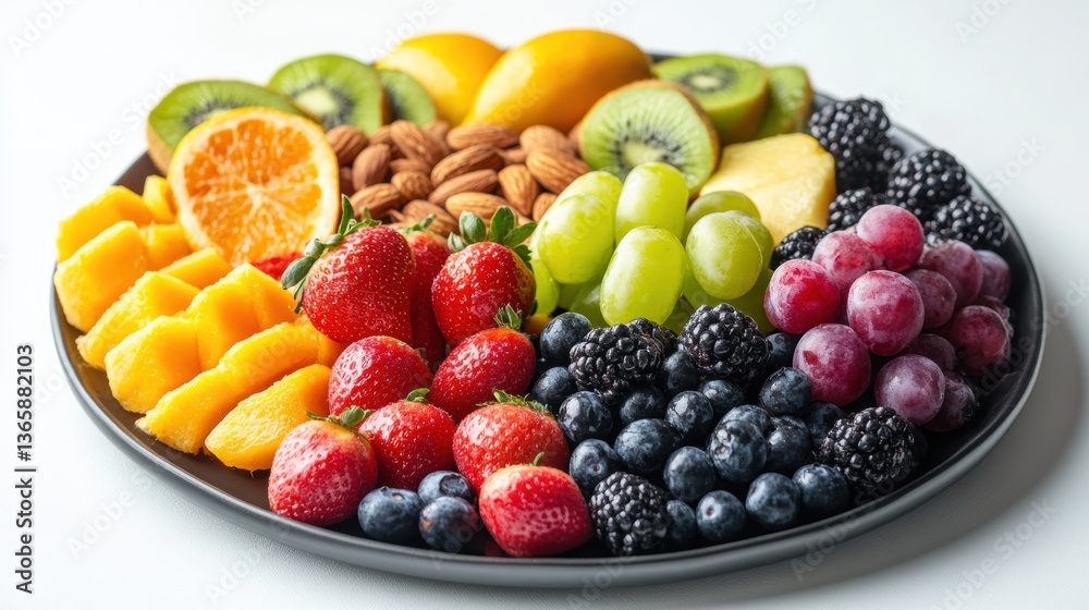 Healthy fruit plate with assorted fruits and nuts on a white background, isolated, bright and crisp Healthy fruit plate with assorted fruits and nuts on a white background, isolated, bright and crisp