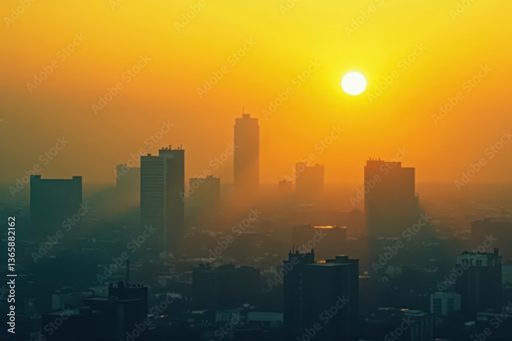 Fototapeta premium Thick, yellow smog obscures sun, buildings indistinct, environment, chimney