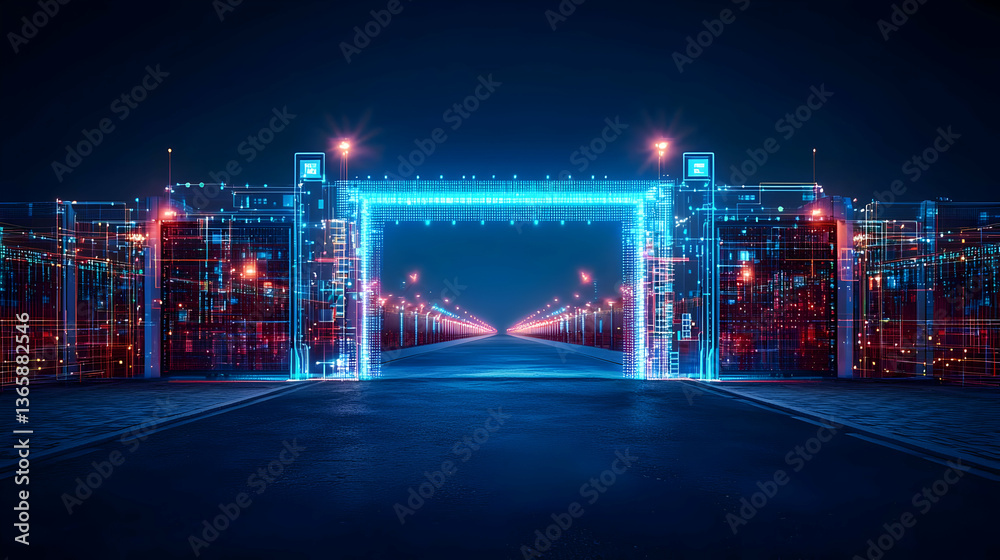 Fototapeta premium Futuristic Neon City Gateway At Night