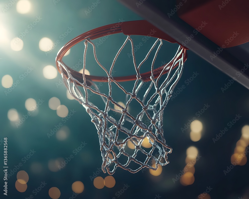Close-up of a basketball going through the hoop, high-contrast lighting, blurred stadium background, high resolution, stock photography style Close-up of a basketball going through the hoop, high-contrast lighting, blurred stadium background, high resolution, stock photography style
