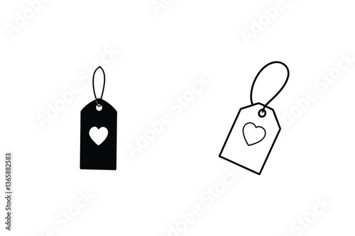 Heart shaped tag, love label, gift tag, outline, icon, design, black, white, simple, illustration