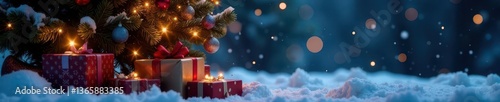 Glimmering tree, presents piled at base, snowy scene ,  festive season,  winter
