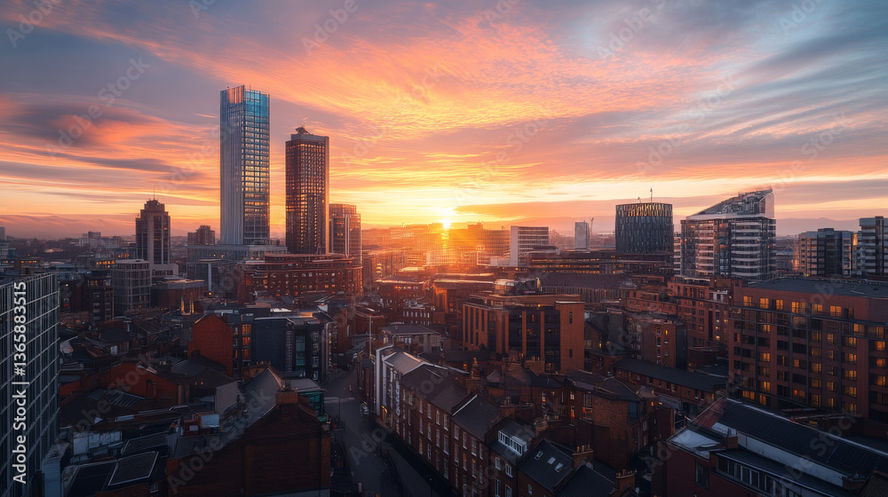 Obraz premium Manchester, UK â€“ October 15, 2023: A stunning morning view of Manchesterâ€™s skyline as the sun rises between towering skyscrapers