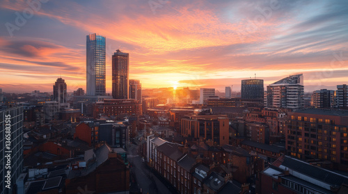 Manchester, UK â€“ October 15, 2023: A stunning morning view of Manchesterâ€™s skyline as the sun rises between towering skyscrapers