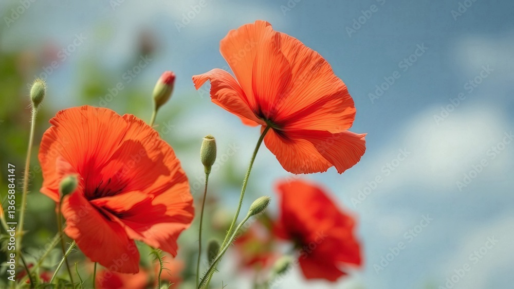 Obraz premium Vibrant red poppies blooming in a vast field during sunset, creating a stunning and colorful landscape filled with the beauty of nature's artistry and the warmth of evening light