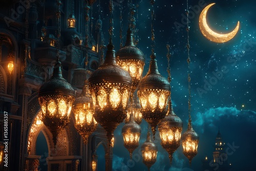 Islamic architecture, golden lanterns, crescent moon, starry night sky, glowing lights, decorative domes, Ramadan mood, turquoise background