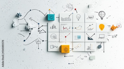 Exploring the Multifaceted Symbols on a White Wall that Represents Various Business Concepts and Models