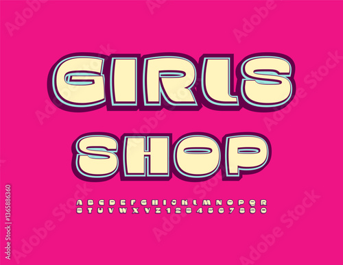 Obraz na płótnie Vector Stylish signboard Girls Shop. Fashion Vintage style Font. Bright Elegant Alphabet Letters and Numbers set. w salonie