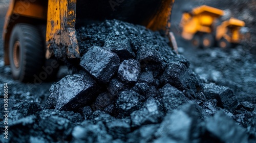 Coal is being discharged from a mining truck, showcasing a bustling extraction site with machinery in action