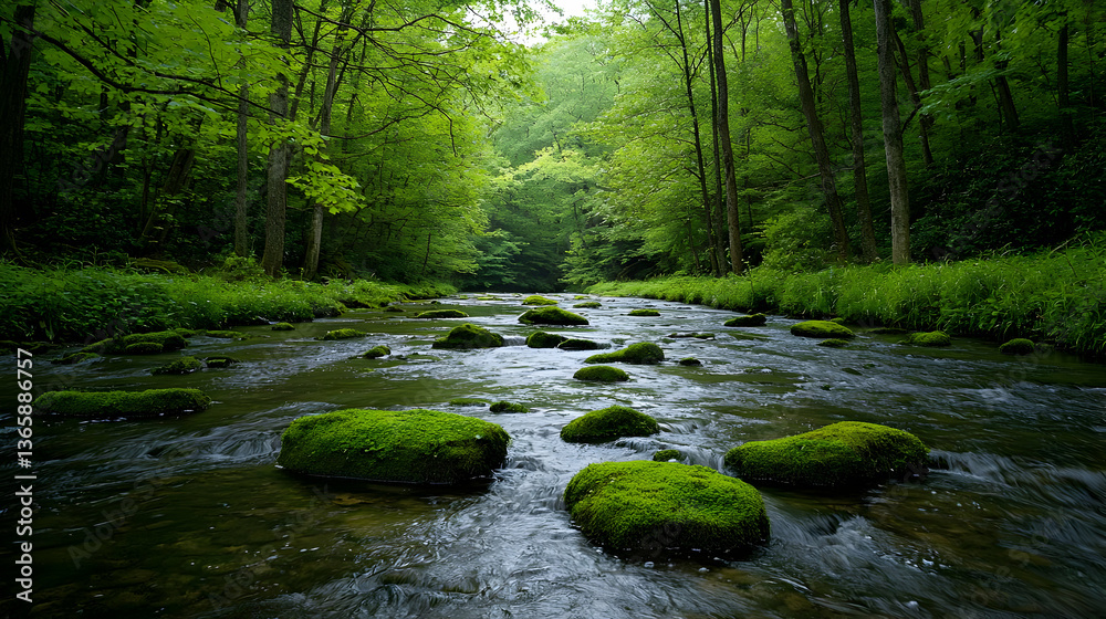 Obraz premium Lush Green Forest Stream Flowing Through Moss Covered Rocks with Sunlight and Natural Surroundings