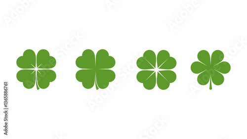 Set of four green clover icons in various designs, including 3-leaf, 4-leaf, and minimalistic representations perfect for St. Patrick’s Day, good luck themes, or nature-inspired designs