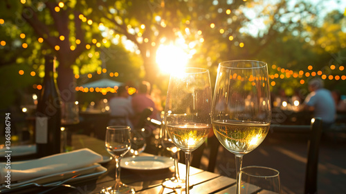 A group of people with wine glasses at an outdoor dining table, celebrating the joy and connection during social gatherings summertime