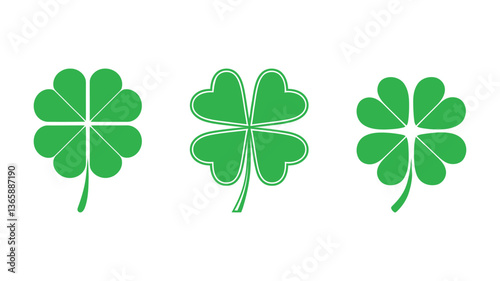 Set of four green clover icons in various designs, including 3-leaf, 4-leaf, and minimalistic representations perfect for St. Patrick’s Day, good luck themes, or nature-inspired designs