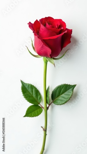 A single, perfect red rose blooms against a stark white backdrop , nature, detail, romance