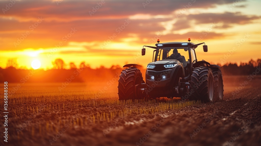 Obraz premium A large autonomous tractor with AI navigation plowing a lush rice field at sunrise